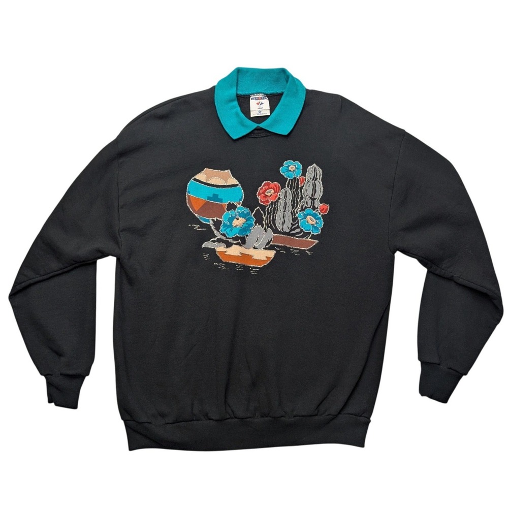 Vintage Jerzees Sweatshirt Unisex XL Black‎ Teal Southwestern Cactus